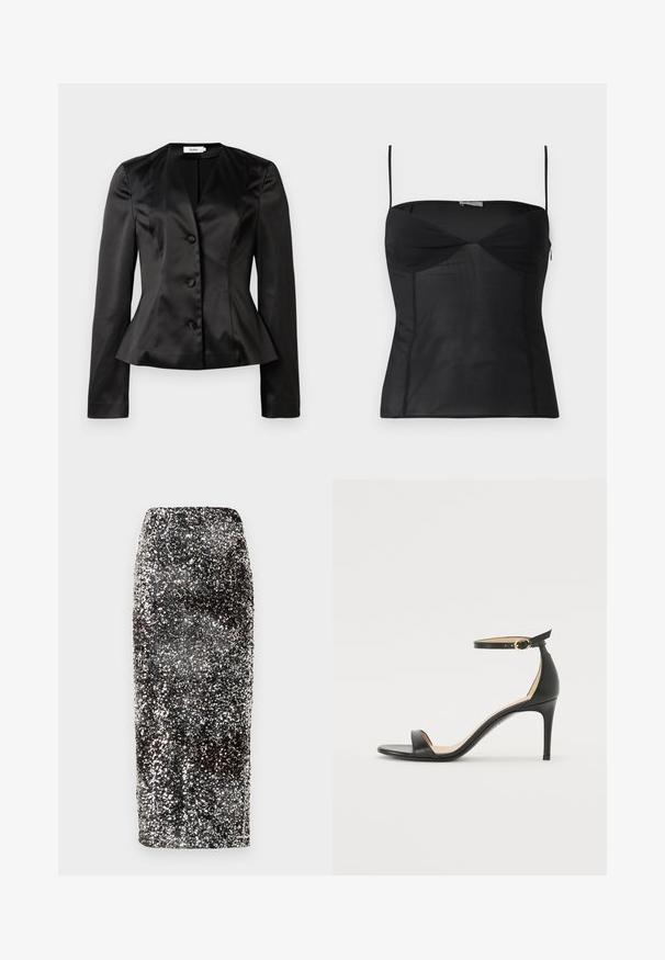 Blazer en satin noir sur mesure avec des manches longues, trois boutons recouverts de tissu et une taille légèrement évasée pour une silhouette ajustée.; Haut noir ajusté sans manches avec fines bretelles, encolure en cœur et détails de coutures sur un fond blanc uni.; Jupe crayon à sequins avec un design élégant et ajusté. Présente des sequins noirs et argentés qui créent un effet scintillant.; Sandale à talons hauts en cuir noir avec une lanière de cheville. Présente une texture lisse, un bout ouvert et un talon fin. Détail de boucle en ton doré.
