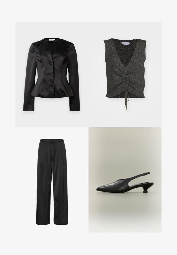 Blazer ajustado de satén negro con mangas largas, tres botones forrados de tela y una cintura ligeramente acampanada para una silueta ceñida.; Top negro sin mangas con escote en V, delantero fruncido, dobladillo con cordón y textura brillante, confeccionado con tela brillante y hilos metálicos.; Pantalones de pierna ancha negros, hechos de una tela suave y brillante. Cuentan con una cinturilla elástica con cordón para un ajuste ajustable.; Zapato slingback de cuero negro con punta afilada y tacón bajo tipo kitten sobre fondo neutro.