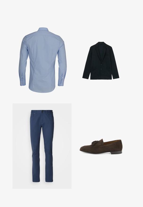 Sort afslappet blazer med to frontlommer, to knapper og krave med nakkesnit, liggende fladt på en hvid baggrund.; Lyseblå langærmet skjorte med knap-trykkrave, der har en glat tekstur og tætsiddende design, med hvide knapdetaljer.; Marineblå bukser lavet af bomuld med en glat tekstur. Har en knaplukning, bæltestropper og to forlommer. Slim fit design.; Mørkebrun herreloafer i ruskind med kvaster, lav hæl og rundet tå, vist i profil på hvid baggrund.