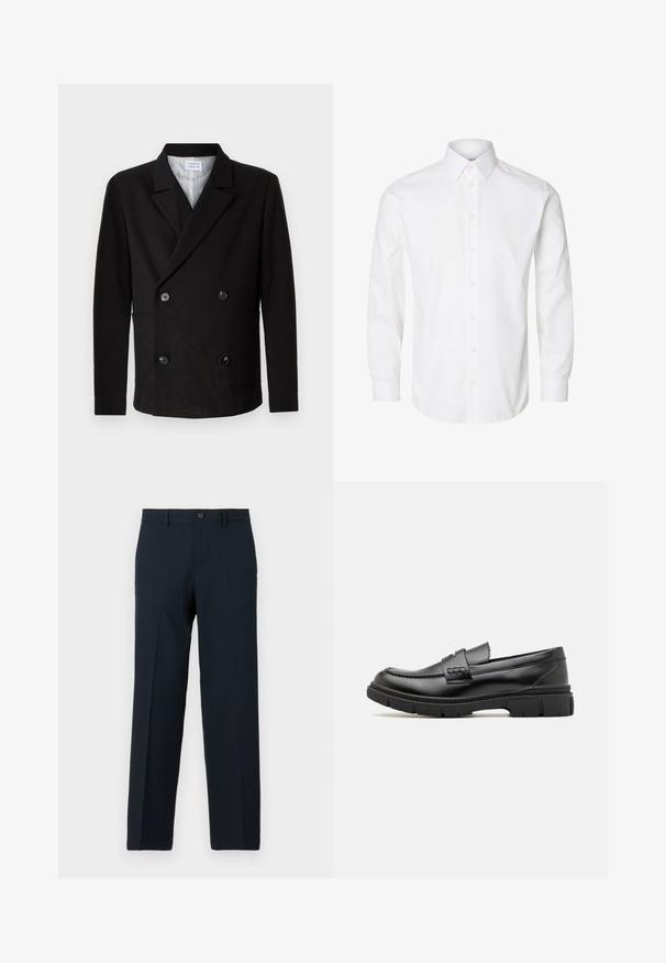 Libertine-Libertine PUBLIC - Pikkutakki - black; Valkoinen pitkähihainen nappipaita, jossa on terävä kaulukset, näkyvät napit edessä ja napitetut kalvosimet.; Mustat slim-fit-malliset housut, joissa nappi- ja vetoketjukiinnitys, vyölenkit ja suoralahkeinen malli.; Musta nahkainen loaferi, jossa on leveä hihna vampin poikki, kumipohja paksuilla kureilla ja sileä pinta. Klassinen, tyylikäs muotoilu.