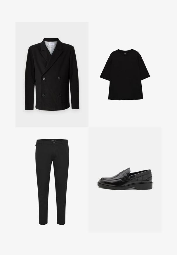 Libertine-Libertine PUBLIC - Blazerjasje - black; Zwarte oversized T-shirt met korte mouwen en ronde hals, gemaakt van gladde stof, plat uitgestald op een witte achtergrond.; Zwarte broek van gladde stof. Heeft een knoopsluiting, lussen voor een riem en een slim fit ontwerp met taps toelopende pijpen. Geen zichtbare patronen.; Zwarte leren instappers met een gladde afwerking, ronde neus, lage hak en decoratieve stiksels aan de voorkant. Rubberen buitenzool voor grip.