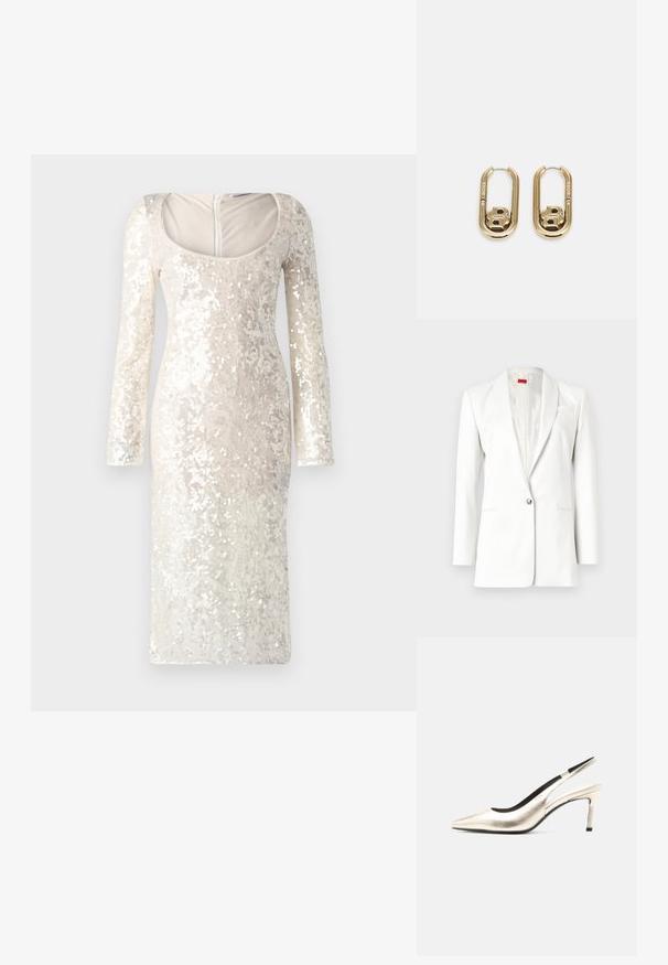 Blazer blanc avec une fermeture à bouton unique, des revers et une texture subtile. Comprend un détail de pochette et un revêtement intérieur satiné.; Robe à manches longues, crème, recouverte de sequins avec un décolleté rond et une silhouette moulante. Présente une fermeture éclair à l'arrière.; Chaussure slingback dorée métallique à bout pointu avec un talon aiguille de hauteur moyenne et une doublure intérieure noire sur fond blanc.; BOSS DOUBLE B SWING - Boucles d'oreilles - gold-coloured