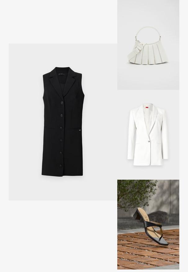 Witte blazer met een enkele knoopsluiting, aangeknipte revers en een subtiele textuur. Bevat een pochette-detail en een satijnachtige binnenvoering.; Zwart mouwloos blazerjurk met een op maat gemaakte uitstraling, notch-revers, zes knopen aan de voorkant en zijzakken. Glad materiaal met minimale accenten.; Zwarte sandaal met hak, teenlus en gouden accent, geplaatst op een houten en stenen geplaveid oppervlak buiten nabij groen.; Lacoste LENGLEN BAG - Handtas - cristalline