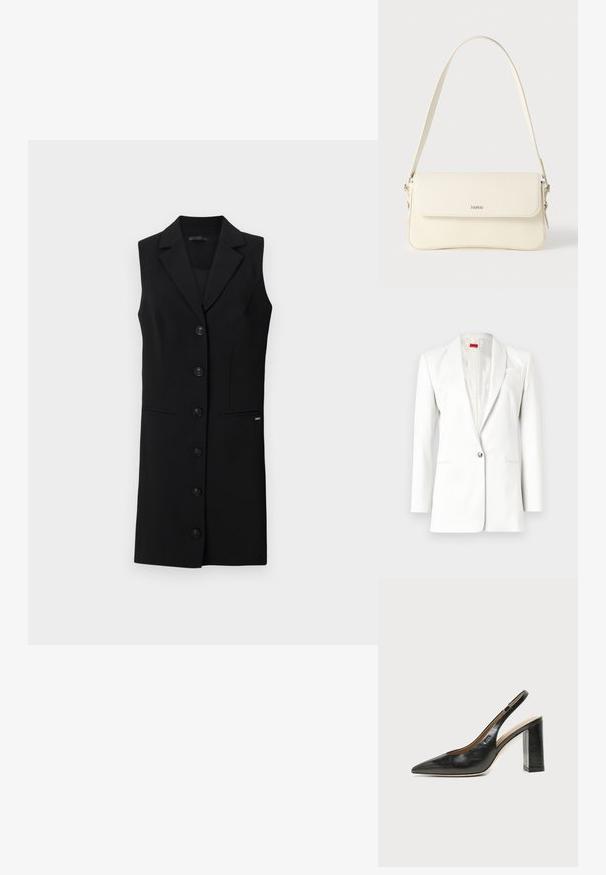 Hvid blazer med en enkelt knaplukning, notched lapels og en subtil tekstur. Har en lommevisk detail og satin-lignende indvendig foring.; Sort sansærmet blazer kjole med skræddersyet design, blazerkrave, seks frontknapper og sidelommer. Glat stof med minimale detaljer.; Sort læder peep-toe slingback sko med høj blokhæl og beige indvendig foring mod en ensfarvet lys baggrund.; Cremefarvet læder skuldertaske med flaplukning, sølvfarvet beslag, en enkelt justerbar rem og diskrete logodetaljer.