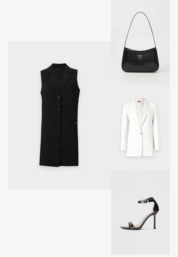 Hvid blazer med en enkelt knaplukning, notched lapels og en subtil tekstur. Har en lommevisk detail og satin-lignende indvendig foring.; Sort sansærmet blazer kjole med skræddersyet design, blazerkrave, seks frontknapper og sidelommer. Glat stof med minimale detaljer.; Sort højhælet sandal i laklæder med ankelrem. Har minimalistisk design, åben tå og spænde med rhinsten-detaljer.; Sort patenteret læder skuldertaske med en buet form, prydet med et sølvfarvet trekantet logo og en lynlås-lukning. Glat tekstur og slank rem.