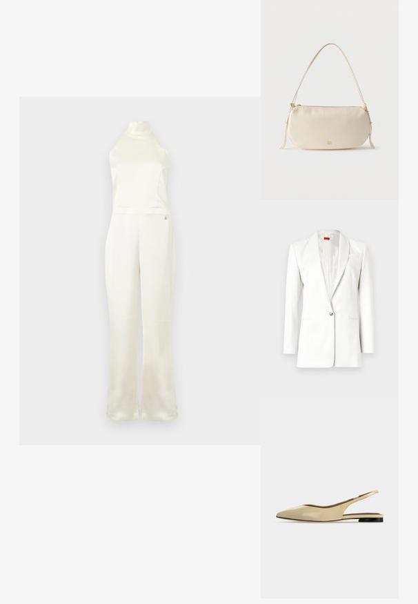 Hvid blazer med en enkelt knaplukning, notched lapels og en subtil tekstur. Har en lommevisk detail og satin-lignende indvendig foring.; Creme satin jumpsuit med høj hals, tætsiddende buste og vidde ben. Har et lille logo-detail nær taljen. Glat struktur.; Beige spids tå slingback flad sko med lav sort hæl og en glat læderfinish, vist fra siden på en ensfarvet baggrund.; Kræmmerhvid lille skuldertaske med enkelt rem, lynlås og diskret gyldent mærkelogo på forsiden.