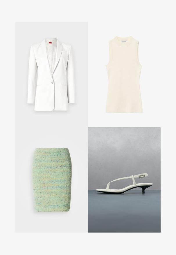 Hvid blazer med en enkelt knaplukning, notched lapels og en subtil tekstur. Har en lommevisk detail og satin-lignende indvendig foring.; Ærmeløs cremefarvet ribstrikket top med høj rund hals og tætsiddende silhuet.; Knelang nederdel lavet af struktureret, pletret stof i pastelfarvet grøn med nuancer af blå, orange og lilla.; Hvid sandal med stropper og kitten-hæl med spids tå, svævende over et trægulv udendørs med en sløret plante og væg i baggrunden.