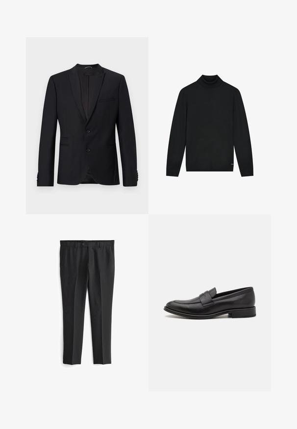 Blazer noir avec un col en dents de scie, deux boutons et deux poches avant. Il présente un tissu texturé et des boutons décoratifs sur les manches.; Pull à col roulé noir en matériau doux, avec des manches longues et un col ajusté. Design minimaliste sans motifs visibles.; Pantalons noirs ajustés avec un devant plat, deux poches latérales et une fermeture à bouton. Texture lisse et design à jambe droite.; Mocassin en cuir noir avec une finition lisse, une sangle décorative sur le dessus, un bout rond et un petit talon empilé.