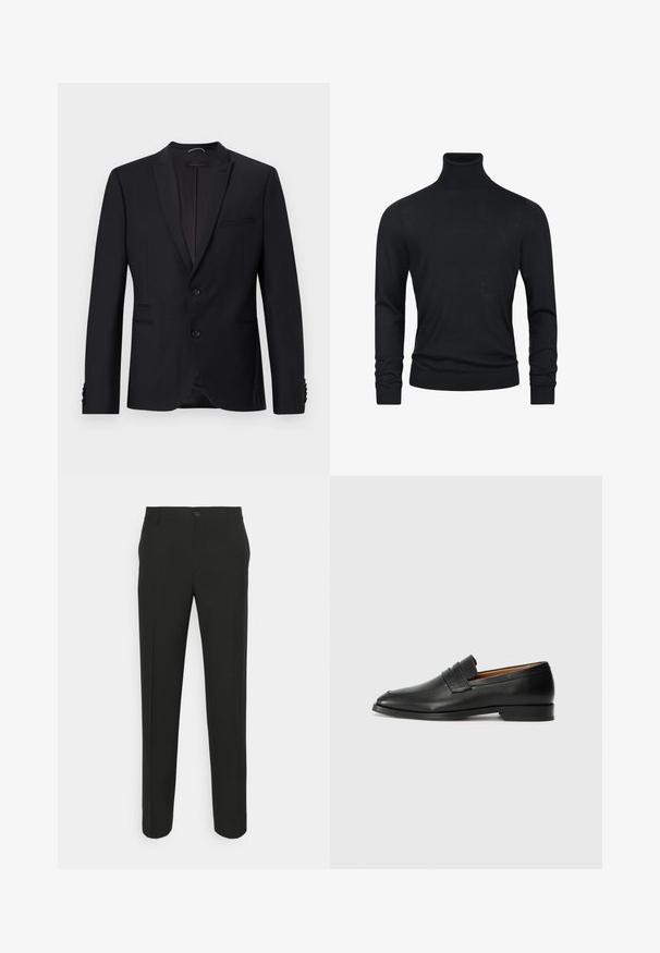 Sort blazer med spids revers, to knapper og to forlommer. Har struktureret stof og dekorative knapper på ærmerne.; Sort turtleneck sweater med lange ærmer, lavet af et glat strikstof, med ribbede manchetter og søm for et tætsiddende udseende.; Sorte skræddersyede bukser med lige snit, der har en enkelt knaplukning og bæltestropper. Glat, mat stof uden mønstre.; Sort læder loafer med rund tå, diskret syning, og lav hæl, der har en glat tekstur og minimalistisk design.
