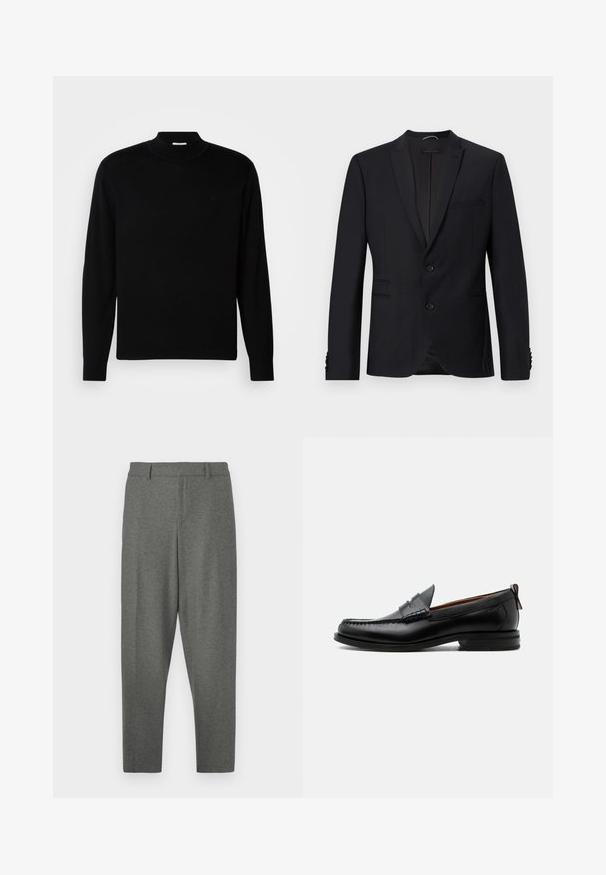 Sort blazer med spids revers, to knapper og to forlommer. Har struktureret stof og dekorative knapper på ærmerne.; Sort langærmet sweater med høj hals, lavet af let strikket materiale. Har et diskret logo på brystet og tætsiddende manchetter.; Grå skræddersyede bukser lavet af et blødt stof. Har en talje, bæltestropper og et tapered ben-design. Glat tekstur, ingen mønstre.; Sort læder herre loafer med moc-tå syning, penny strop, struktureret krave og lav stablet hæl på hvid baggrund.