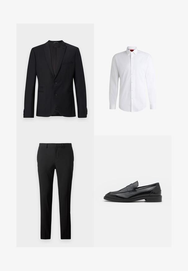Sort blazer med spids revers, to knapper og to forlommer. Har struktureret stof og dekorative knapper på ærmerne.; Hvid skjorte med knapper lavet af glat stof med klassisk krave, lange ærmer og rundet kant. Har beige knapper foran.; Skræddersyede sorte bukser i et glat stof. Har et lige ben-design, frontfald og bæltestropper til justerbar størrelse.; Sorte læder loafers med en glat overflade, der har en rund tå og en smal bånd over det øverste. Lav stablet hæl.