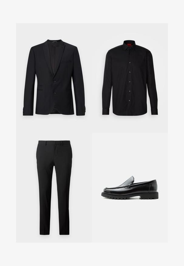 Blazer negro con solapas muestradas, dos botones y dos bolsillos frontales. Presenta una tela texturizada y botones decorativos en las mangas.; Camisa negra de manga larga hecha de una tela suave, con un cuello clásico con tapa, cierre frontal de botones y un ajuste entallado.; Pantalones negros a medida en una tela suave. Presentan un diseño de pierna recta, pliegues frontales y trabillas para cinturón para un tamaño ajustable.; Mocasín de cuero negro con suela de goma gruesa, empeine cosido y nombre de la marca en relieve en el talón, mostrado en perfil lateral sobre fondo blanco.