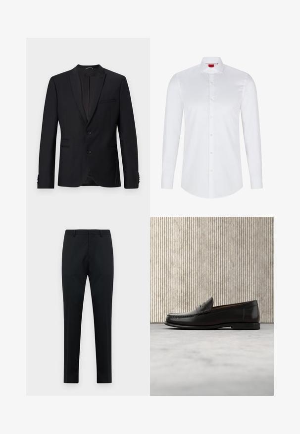 Sort blazer med spids revers, to knapper og to forlommer. Har struktureret stof og dekorative knapper på ærmerne.; Hvid langærmet skjorte med knaplukning lavet af glat bomuld. Har en klassisk krave, fuld knaplukning og afrundet nederkant.; Sorte skræddersyede herreformelle bukser med bæltestropper, glat front og lige ben på en hvid baggrund.; Sort læder penny loafer med lav hæl, rundet tå og syningsdetaljer langs fronten og siderne, vist på neutral baggrund.