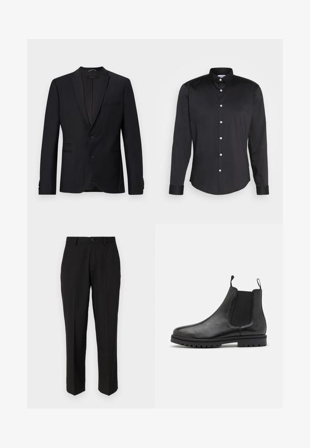 Blazer noir avec un col en dents de scie, deux boutons et deux poches avant. Il présente un tissu texturé et des boutons décoratifs sur les manches.; Chemise noire à manches longues en tissu lisse, avec un col pointu, fermeture à boutons sur le devant avec des boutons blancs, et poignets à un bouton.; Pantalon noir en tissu lisse, présentant une coupe droite, des poches avant, un bouton simple de fermeture et sans motifs visibles.; Bottines Chelsea en cuir noir avec des panneaux latéraux élastiques, des languettes de tirage et une semelle en caoutchouc texturé avec un motif de semelle.