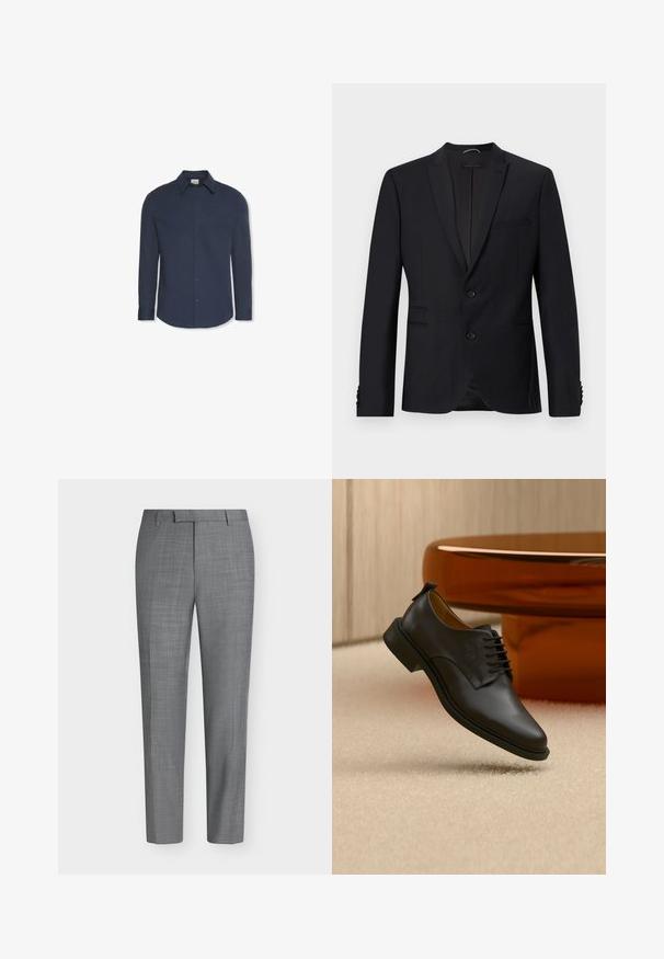 Blazer negro con solapas muestradas, dos botones y dos bolsillos frontales. Presenta una tela texturizada y botones decorativos en las mangas.; Camisa azul marino de manga larga con botones, cuello y puños, con una etiqueta de Calvin Klein dentro del cuello.; Pantalones grises ajustados de vestir con un sutil patrón de cuadros, trabillas para cinturón y un diseño de frente plano sobre un fondo blanco liso.; Zapato de vestir para hombre de cuero negro con cordones flotando sobre una alfombra beige, con una mesa de café redonda marrón en el fondo.