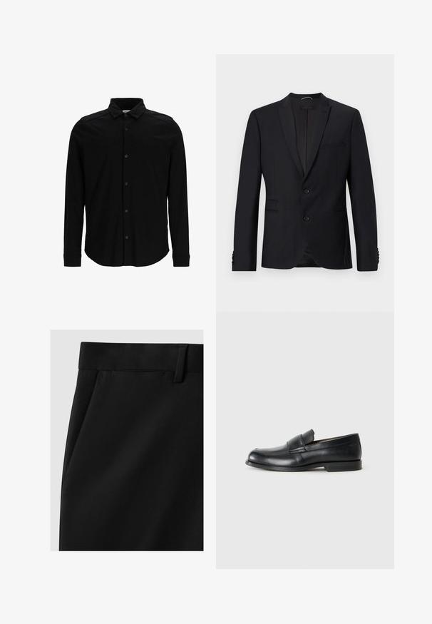 Blazer noir avec un col en dents de scie, deux boutons et deux poches avant. Il présente un tissu texturé et des boutons décoratifs sur les manches.; Chemise noire à manches longues en tissu lisse, dotée d'un devant à boutons, d'un col et d'un logo brodé subtil sur la poitrine.; Pantalons noirs ajustés avec une texture lisse, dotés d'une taille plate, de poches latérales et d'un design à jambes droites.; Mocassins en cuir noir avec un bout rond, des détails cousus et une semelle en caoutchouc plate. Présentent une large bande sur le cou-de-pied.