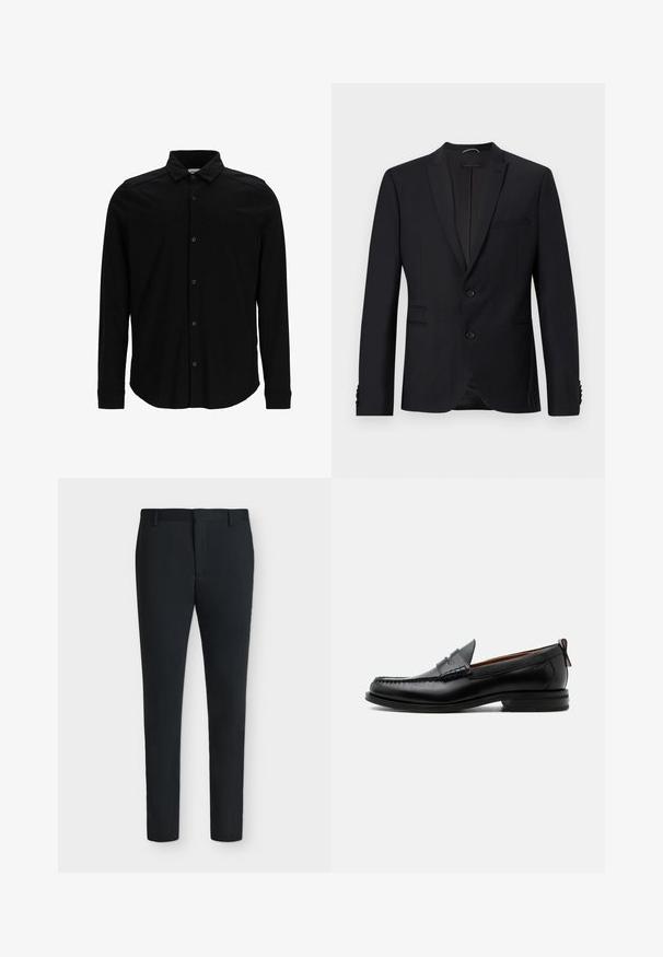 Zwarte blazer met een geknipte revers, twee knopen en twee voorzakken. Heeft een textuurstof en decoratieve knopen op de mouwen.; Zwarte langmouwen shirt van gladde stof, met een knoopsluiting aan de voorkant, een kraag en een subtiel geborduurd logo op de borst.; Zwarte slim-fit nette broek met riemlussen, ritssluiting aan de voorkant en zonder zichtbare zakken, weergegeven tegen een effen witte achtergrond.; Zwarte leren herensloffen met moc toe stiksel, pennyriem, gestructureerde kraag en lage gestapelde hak op witte achtergrond.