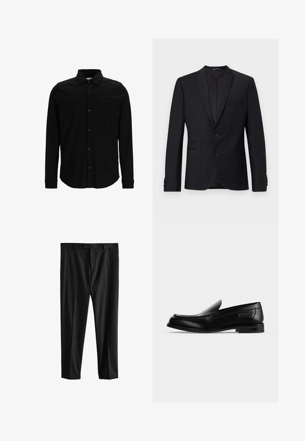 Schwarzes Blazer mit Reverskragen, zwei Knöpfen und zwei Fronttaschen. Verfügt über strukturierte Stoffe und dekorative Knöpfe an den Ärmeln.; Schwarzes Langarmhemd aus glattem Stoff, mit einer durchgehenden Knopfleiste, Kragen und dezentem besticktem Logo auf der Brust.; Schwarze, maßgeschneiderte Anzughose mit Gürtelschlaufen, Frontknopfverschluss und Seitentaschen, flach auf weißem Hintergrund dargestellt.; Schwarzer Leder-Slipper mit niedrigem Absatz, abgerundeter Spitze und dekorativer Naht entlang der oberen Kante.