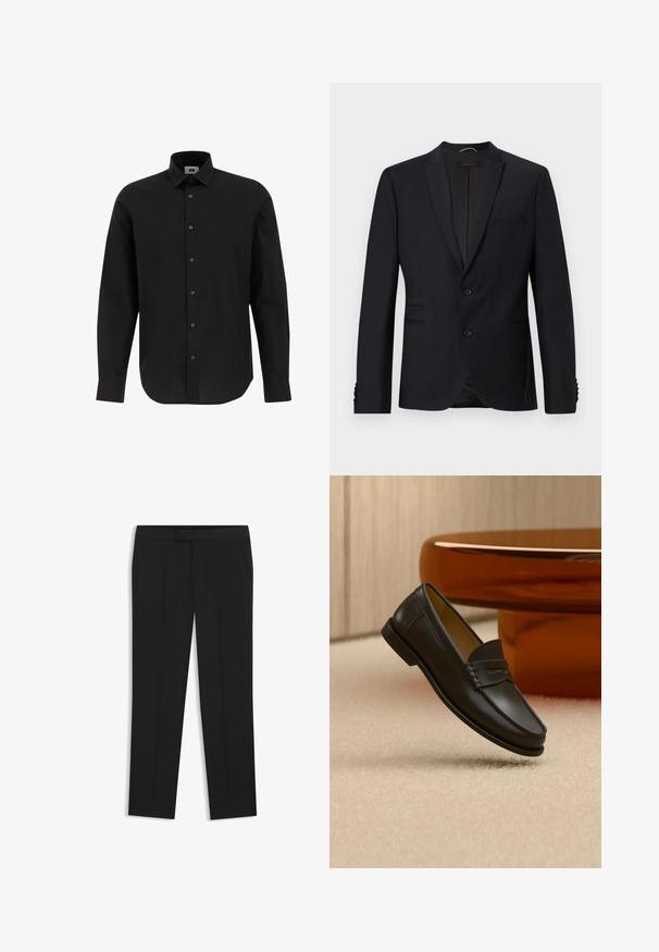 Blazer negro con solapas muestradas, dos botones y dos bolsillos frontales. Presenta una tela texturizada y botones decorativos en las mangas.; Camisa negra de manga larga y botonadura frontal, hecha de tejido entrelazado, con cuello clásico, dobladillo recto y botones negros en el frente.; Pantalones formales negros con piernas rectas, bolsillos laterales y una cintura ajustada, mostrados sobre un fondo blanco.; Zapato mocasín de cuero negro suspendido sobre una alfombra beige con muebles modernos de color ámbar en el fondo.