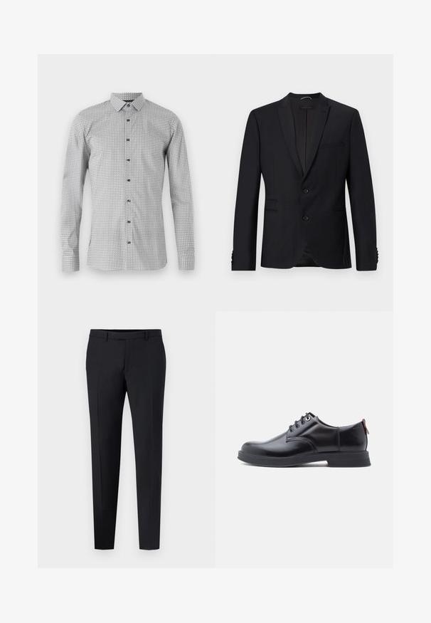 Schwarzes Blazer mit Reverskragen, zwei Knöpfen und zwei Fronttaschen. Verfügt über strukturierte Stoffe und dekorative Knöpfe an den Ärmeln.; Langarmshirt in Weiß und Schwarz mit geometrischem Muster, durchgehende Knopfleiste und klassischem Kragen. Leichter Stoff mit glatter Textur.; Schwarze maßgeschneiderte Hose mit slim Fit, mit flacher Vorderseite, Gürtelschlaufen und ohne sichtbare Muster oder Akzente. Glatte Textur.; Schwarze Leder-Schnürschuhe mit glatter Textur, rundem Zehenbereich und dezenten Ziernähten. Mit einem roten Laschenband an der Ferse.