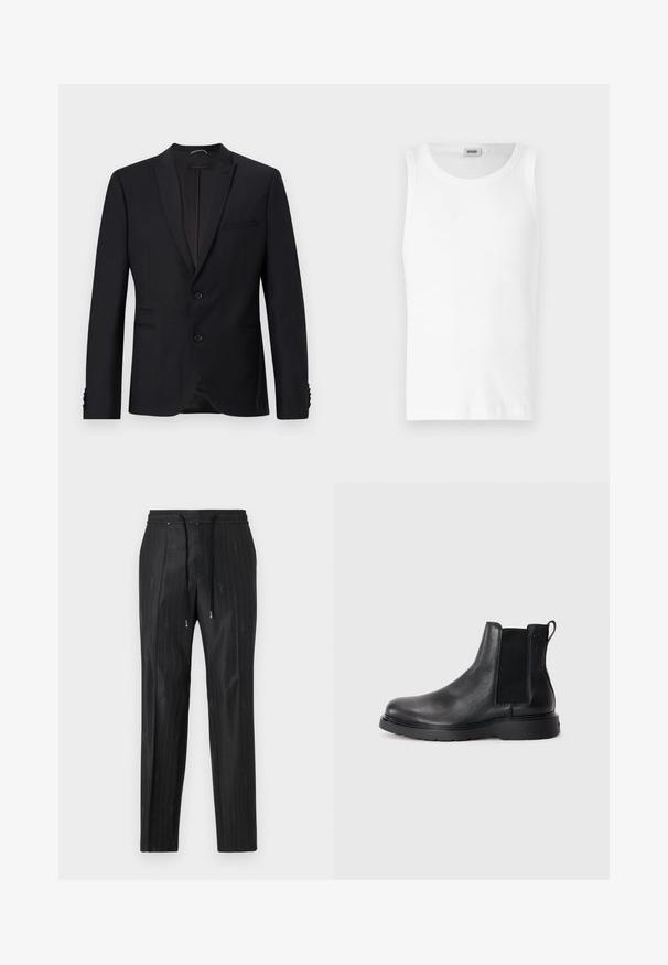 Blazer negro con solapas muestradas, dos botones y dos bolsillos frontales. Presenta una tela texturizada y botones decorativos en las mangas.; Camiseta sin mangas de algodón blanco con cuello redondo y una textura suave. Diseño sencillo, sin patrones ni acentos.; Pantalones negros de rayas finas hechos de una tela elegante, con una cómoda cinturilla elástica y detalles de cordón. Presentan un discreto logotipo.; Botas Chelsea de cuero negro con acabado texturizado, paneles laterales elásticos y una suela de goma resistente. Marca sutil en el talón.