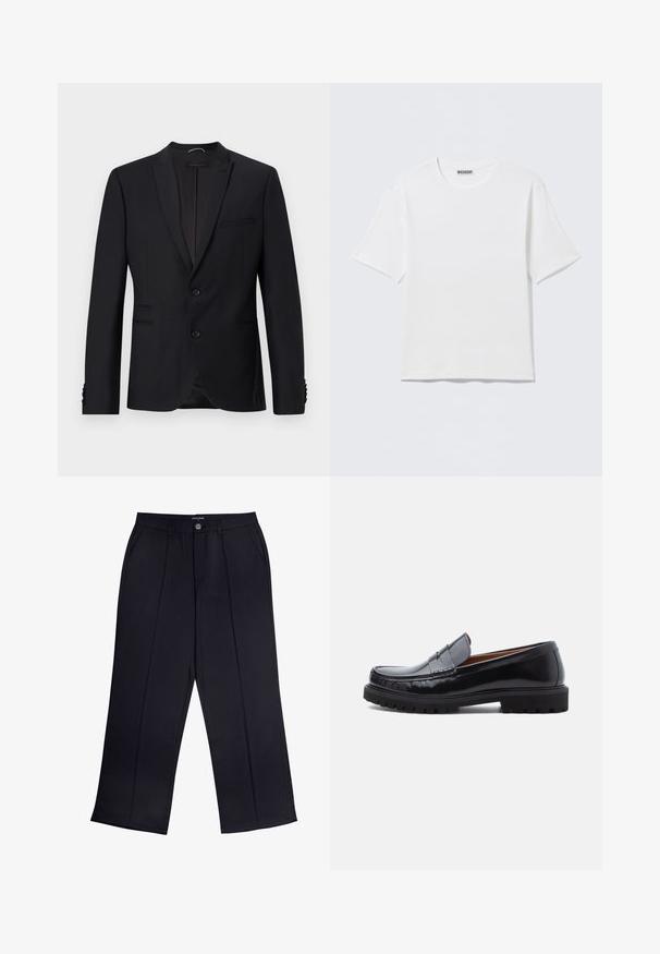 Schwarzes Blazer mit Reverskragen, zwei Knöpfen und zwei Fronttaschen. Verfügt über strukturierte Stoffe und dekorative Knöpfe an den Ärmeln.; Schlichtes weißes T-Shirt mit kurzen Ärmeln und Rundhalsausschnitt, mit einem kleinen "WEEKDAY"-Etikett an der Innenseite des Rückenkragens, auf einer flachen Oberfläche liegend dargestellt.; Schwarze weite Hosen aus glattem Material mit Reißverschluss, Knopfverschluss und Fronttaschen. Auffällige Fältelung entlang jedes Beins.; Schwarze Leder-Penny-Loafer mit strapazierfähiger Gummisohle und Mokassin-Stich, seitlich auf einem weißen Hintergrund dargestellt.