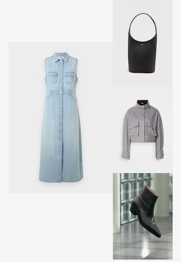 Grå cropped jakke med høj krave, to forlommer med klap og trykknapper, og lange ærmer med manchet detaljer.; Jeans ærmeløs kjole, lys blå, med knaplukning foran, to brystlommer, indsnævret talje og en lang, lige snit nederdel.; Sort læderankelstøvle med spids tå og blokhæl, der svæver over en reflekterende grå gulv nær en væg af glasblokke.; Sort læder bucket taske med én skulderrem og lille guldfarvet BOSS-logo centreret tæt på toppen foran.