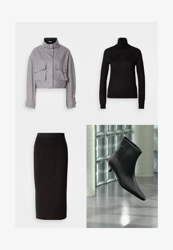 Chaqueta gris corta con cuello alto, dos bolsillos frontales con solapa y botón a presión, y mangas largas con detalles en los puños.; Suéter negro de cuello alto hecho de un tejido de punto ligero. Presenta mangas largas y una silueta ajustada con costuras raglán.; Falda midi negra hecha de un material elástico, con un diseño ajustado y una cómoda cintura elástica. Textura suave sin patrones.; Botín negro de cuero con punta puntiaguda y tacón bajo estilo kitten, mostrado en ángulo sobre un suelo pulido y con una pared de bloques de vidrio de fondo.