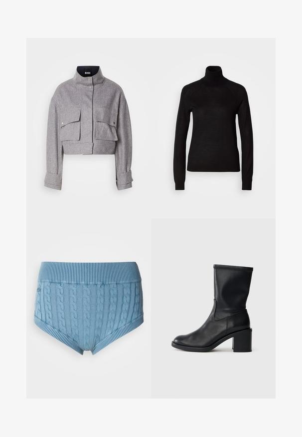 Chaqueta gris corta con cuello alto, dos bolsillos frontales con solapa y botón a presión, y mangas largas con detalles en los puños.; Suéter negro de cuello alto hecho de un tejido de punto ligero. Presenta mangas largas y una silueta ajustada con costuras raglán.; Brevés de algodón azul claro con una cinturilla acanalada y textura de trenzado. La parte delantera y trasera presentan rayas horizontales en los bordes.; Botín negro de cuero hasta el tobillo con punta redonda, textura suave y tacón grueso, que presenta un eje ajustado y un sutil detalle de costura.