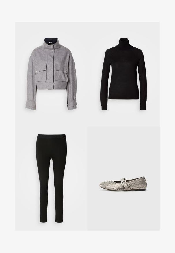 Grau verkürzte Jacke mit hohem Kragen, zwei vorderen Klappentaschen mit Druckknöpfen und langen Ärmeln mit Manschettendetails.; Schwarzer Rollkragenpullover aus leichtem Strickmaterial. Mit langen Ärmeln und einer figurbetonten Silhouette mit Raglanärmeln.; Schwarze Leggings mit glatter Textur, ausgestattet mit einem flexiblen Bund und dezenten Nahtdetails. Keine Muster oder Hardware vorhanden.; Grauer flacher Schuh mit runder Zehenpartie, verziert mit metallischen Nieten und einem Seitengurt mit einer silbernen Schnallendetails. Glatte Textur.