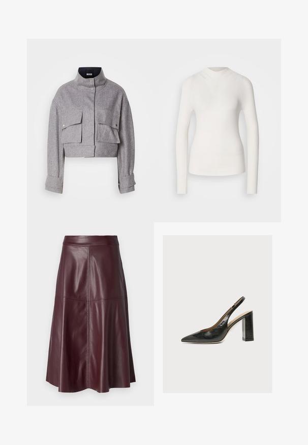 Grijze cropped jas met hoge kraag, twee voorflapzakken met drukknoopsluitingen en lange mouwen met manchetdetails.; Witte lange mouwen top met een hoge halslijn, geribbelde textuur en een aansluitend ontwerp. Heeft een naadloze uitstraling en een subtiele V-vorm aan de voorkant.; Donker bordeauxrode knielange A-lijn leren rok met zichtbare verticale en horizontale naaddetails.; Zwarte leren damesslingback met spitse neus en dikke hoge blokhak tegen witte achtergrond.