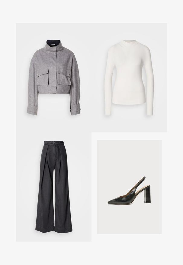 Grijze cropped jas met hoge kraag, twee voorflapzakken met drukknoopsluitingen en lange mouwen met manchetdetails.; Witte lange mouwen top met een hoge halslijn, geribbelde textuur en een aansluitend ontwerp. Heeft een naadloze uitstraling en een subtiele V-vorm aan de voorkant.; Zwarte denim broeken met wijde pijpen en een hoge taille, voorzien van voorplooien en een klassieke ritssluiting. Strakke, gladde textuur met een nette afwerking.; Zwarte leren damesslingback met spitse neus en dikke hoge blokhak tegen witte achtergrond.