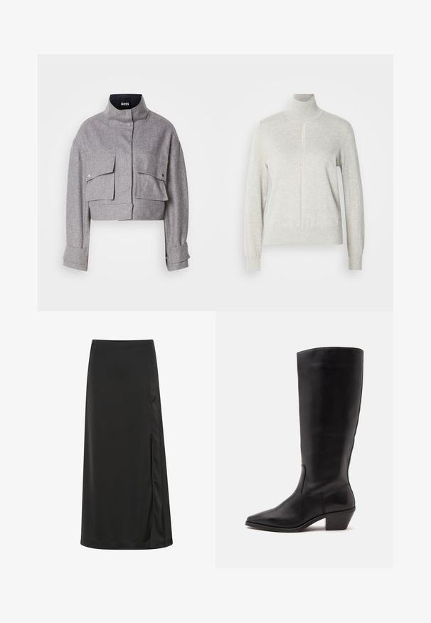 Chaqueta gris corta con cuello alto, dos bolsillos frontales con solapa y botón a presión, y mangas largas con detalles en los puños.; Suéter gris claro con un cuello alto y cremallera de un cuarto. Fabricado con un material suave y texturizado, cuenta con mangas largas y un dobladillo ajustado.; Falda midi negra hecha de una tela suave, con una abertura lateral y una silueta recta con un brillo sutil. Dobladillo a medida.; Bota de cuero negra hasta la mitad de la pantorrilla con puntera puntiaguda y tacón bajo inclinado sobre un fondo claro y liso.