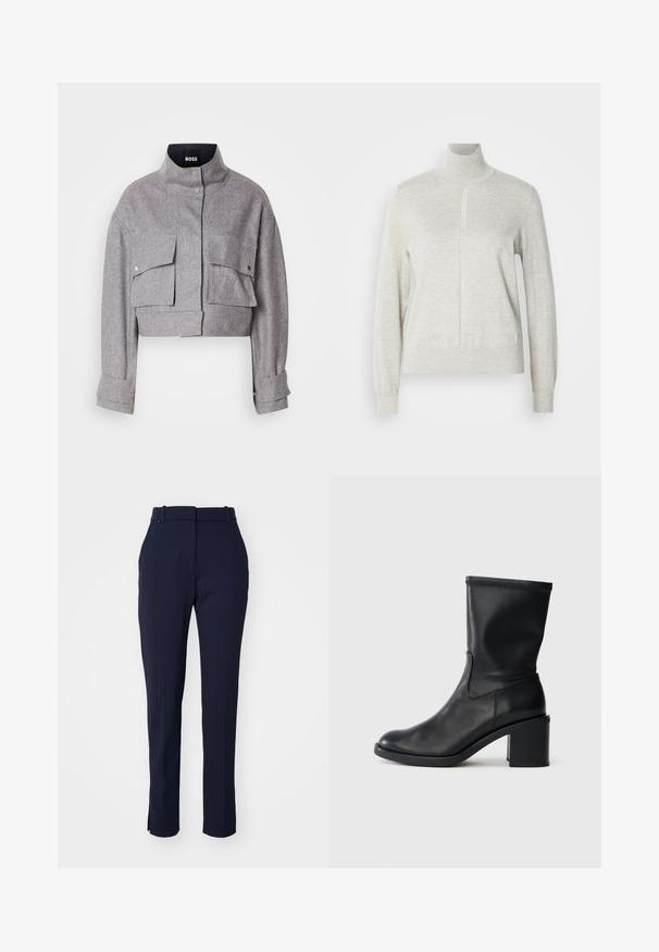 Grå cropped jakke med høj krave, to forlommer med klap og trykknapper, og lange ærmer med manchet detaljer.; Lys grå sweater med høj krave og kvart lynlås. Lavet af et blødt, struktureret materiale, der har lange ærmer og en tætsiddende kant.; Marineblå skræddersyede bukser med lodrette striber, tætsiddende pasform, bæltestropper og uden synlige lukninger eller lommer. Glat tekstur.; Sort læder ankelstøvle med rund tå, glat tekstur og en grov hæl, der har et tætsiddende skaft og subtil syning.