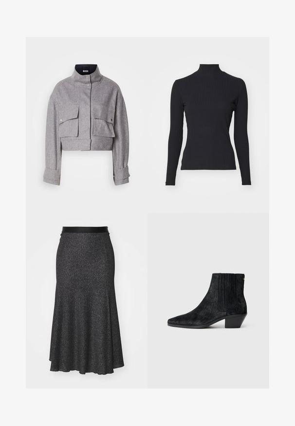 Chaqueta gris corta con cuello alto, dos bolsillos frontales con solapa y botón a presión, y mangas largas con detalles en los puños.; Top negro de cuello alto con costillas y mangas largas. Fabricado con una tela elástica con forma ajustada y cuello alto. Diseño simple sin adornos.; Falda negra brillante con vuelo, con una cinturilla suave, hecha de material texturizado, que presenta un dobladillo trasero más largo y un efecto de brillo sutil.; Botín negro hasta el tobillo con punta afilada, material texturizado similar al pelo, panel lateral acanalado y un tacón bajo y cuadrado. Diseño simple y moderno.