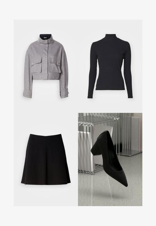 Grå cropped jakke med høj krave, to forlommer med klap og trykknapper, og lange ærmer med manchet detaljer.; Sort ribbet turtle-sweater med lange ærmer. Lavet af strækbart stof med en tætsiddende pasform og høj krave. Enkel design uden udsmykninger.; Sort flagrende nederdel lavet af blødt stof, med en tætsiddende talje og sømdetaljer. Glat tekstur med et enkelt, klassisk design.; Sort højhælet sko med spidse tæer og en kraftig hæl, lavet af struktureret læder, svævende over et glat gulv.
