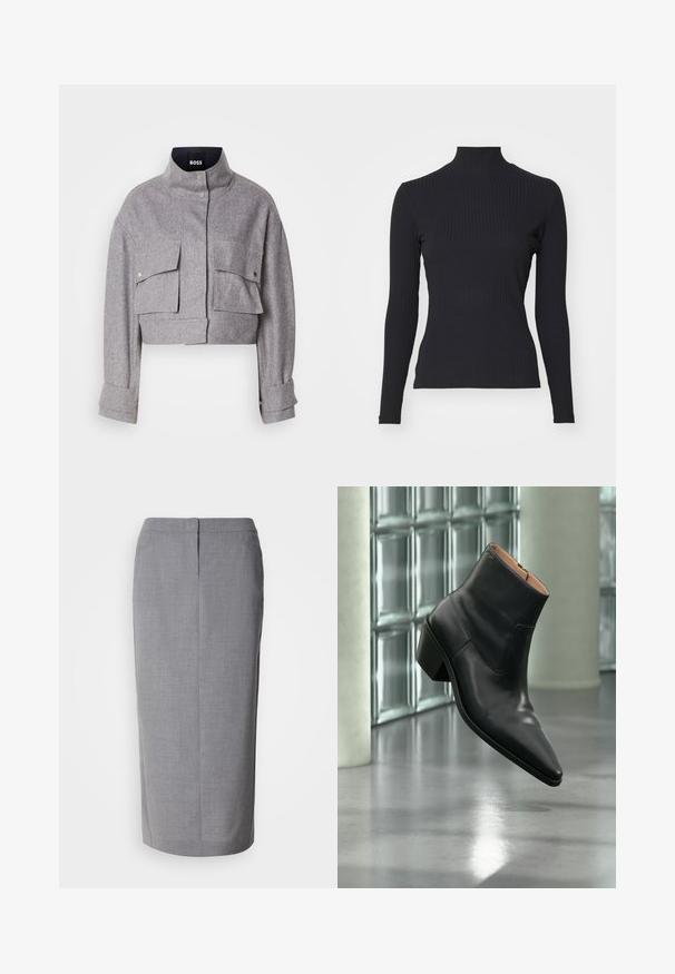Grå cropped jakke med høj krave, to forlommer med klap og trykknapper, og lange ærmer med manchet detaljer.; Sort ribbet turtle-sweater med lange ærmer. Lavet af strækbart stof med en tætsiddende pasform og høj krave. Enkel design uden udsmykninger.; Grå blyantskirt lavet af struktureret stof, med lige snit, bagslæb og skjult lynlås lukning bagpå.; Sort læderankelstøvle med spids tå og blokhæl, der svæver over en reflekterende grå gulv nær en væg af glasblokke.