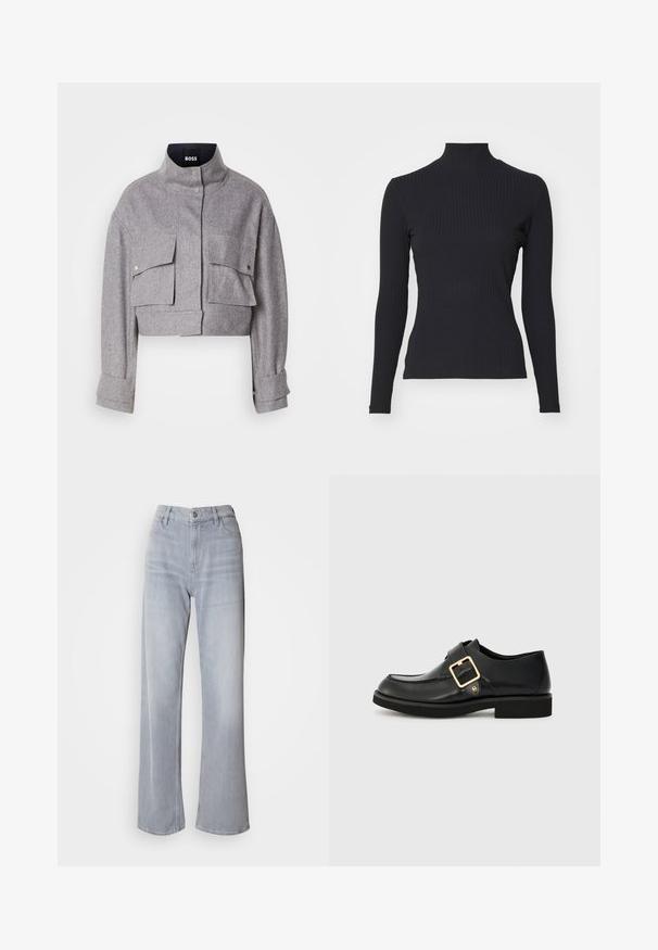 Chaqueta gris corta con cuello alto, dos bolsillos frontales con solapa y botón a presión, y mangas largas con detalles en los puños.; Top negro de cuello alto con costillas y mangas largas. Fabricado con una tela elástica con forma ajustada y cuello alto. Diseño simple sin adornos.; Jeans de pernera ancha en gris claro, con cintura alta, hechos de denim. Presentan bolsillos frontales, cremallera y un leve desvanecimiento por toda la prenda.; Zapato de cuero negro con punta redonda, que cuenta con una hebilla dorada y una suela de goma plana. Textura suave con detalles de costura sutil.