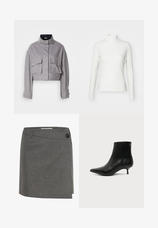 Grå cropped jakke med høj krave, to forlommer med klap og trykknapper, og lange ærmer med manchet detaljer.; Hvid ribbet turtleneck blouse med lange ærmer, lavet af elastisk stof. Har et tætsiddende design og høj hals for god dækning.; Grå nederdel lavet af et tekstureret stof, med en knap i siden og en lige silhuet med et let indviklet design.; Sort læder ankelstøvle med spids tå og lav kitten hæl på lys baggrund, der viser yderside.