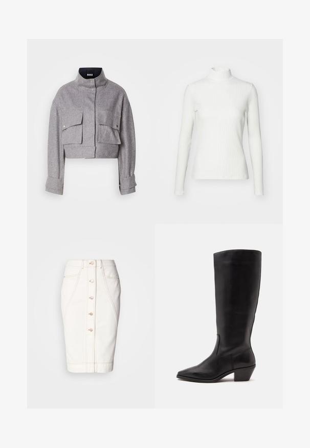 Veste grise courte avec col montant, deux poches avant à rabat avec boutons-pression, et manches longues avec détails de poignet.; Haut col roulé blanc à côtes avec des manches longues, fabriqué en tissu extensible. Présente un design ajusté et un encolure haute pour plus de couverture.; Jupe en denim blanc avec un bouton à l'avant, couture visible et une silhouette crayon. Pas de poches visibles. Texture lisse.; Botte en cuir noire mi-mollet avec un bout pointu et un talon bas incliné sur un fond clair uni.