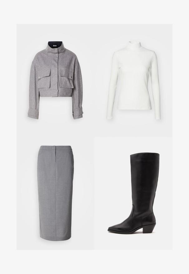 Veste grise courte avec col montant, deux poches avant à rabat avec boutons-pression, et manches longues avec détails de poignet.; Haut col roulé blanc à côtes avec des manches longues, fabriqué en tissu extensible. Présente un design ajusté et un encolure haute pour plus de couverture.; Jupe crayon grise en tissu texturé, dotée d'une coupe droite, d'une fente au dos et d'une fermeture éclair dissimulée à l'arrière.; Botte en cuir noire mi-mollet avec un bout pointu et un talon bas incliné sur un fond clair uni.