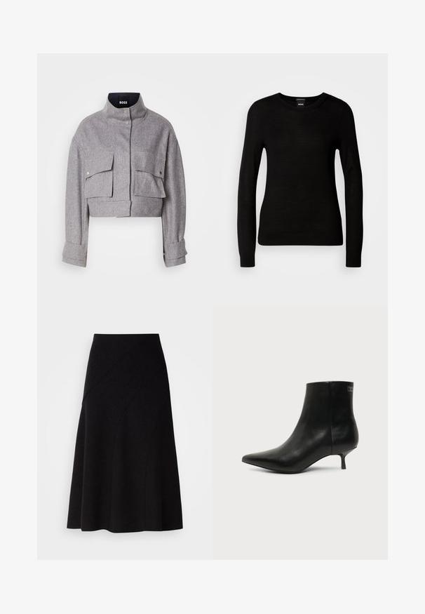 Grijze cropped jas met hoge kraag, twee voorflapzakken met drukknoopsluitingen en lange mouwen met manchetdetails.; Zwarte trui van fijne brei, met een ronde halslijn en lange mouwen met smalle manchetten. Geen zichtbare patronen of versieringen.; Zwarte wollen A-lijn rok met een middelhoge taille, voorzien van diagonale naaddetails en een gladde textuur, die net onder de knie valt.; Zwart leren enkellaars met puntige neus en lage kittenhak op lichte achtergrond, zijaanzicht buitenkant.