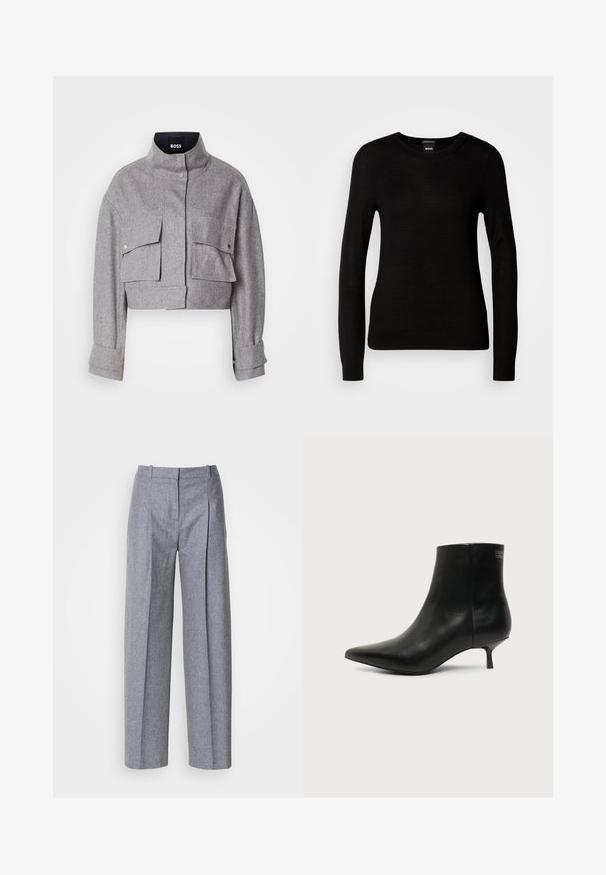 Grå cropped jakke med høj krave, to forlommer med klap og trykknapper, og lange ærmer med manchet detaljer.; Sort sweater lavet af et fint strikmateriale, med en rund halsudskæring og lange ærmer med tætsiddende mansjetter. Ingen synlige mønstre eller dekorationer.; Lys grå bredbenede bukser i et struktureret stof, med plisseringer foran og en skræddersyet talje. Minimalistisk design, ingen synlig hardware.; Sort læder ankelstøvle med spids tå og lav kitten hæl på lys baggrund, der viser yderside.
