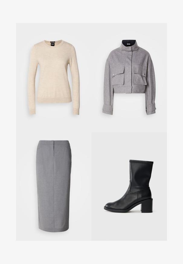 Grå cropped jakke med høj krave, to forlommer med klap og trykknapper, og lange ærmer med manchet detaljer.; BOSS FERPINA - Striktrøje - light beige; Grå blyantskirt lavet af struktureret stof, med lige snit, bagslæb og skjult lynlås lukning bagpå.; Sort læder ankelstøvle med rund tå, glat tekstur og en grov hæl, der har et tætsiddende skaft og subtil syning.
