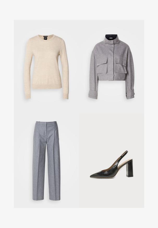 Grijze cropped jas met hoge kraag, twee voorflapzakken met drukknoopsluitingen en lange mouwen met manchetdetails.; BOSS FERPINA - Trui - light beige; Lichtgrijze wijdluwe broeken van een gestructureerde stof, met plooien aan de voorkant en een fijne taille. Minimalistisch ontwerp, zonder zichtbare hardware.; Zwarte leren slingback schoen met spits toelopend neusje, hoge blokhak en beige binnenvoering tegen een effen lichte achtergrond.