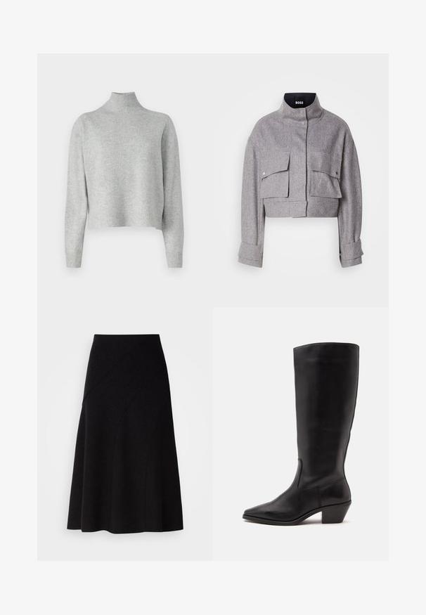 Veste grise courte avec col montant, deux poches avant à rabat avec boutons-pression, et manches longues avec détails de poignet.; Pull à col roulé gris clair en tricot doux, avec des manches longues et un ourlet et des poignets côtelés. Pas de motifs ni de détails en matériel.; Jupe A-line en laine noire avec une taille mi-haute, présentant des coutures diagonales et une texture lisse, tombant juste en dessous du genou.; Botte en cuir noire mi-mollet avec un bout pointu et un talon bas incliné sur un fond clair uni.