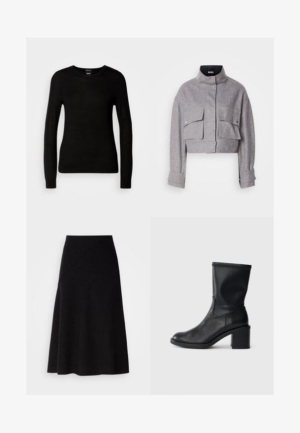 Chaqueta gris corta con cuello alto, dos bolsillos frontales con solapa y botón a presión, y mangas largas con detalles en los puños.; Suéter negro confeccionado en un material de punto fino, con cuello redondo y mangas largas con puños ajustados. Sin patrones ni adornos visibles.; Falda negra de lana en línea A con cintura de media altura, que presenta detalles de costuras diagonales y una textura suave, que cae justo por debajo de la rodilla.; Botín negro de cuero hasta el tobillo con punta redonda, textura suave y tacón grueso, que presenta un eje ajustado y un sutil detalle de costura.