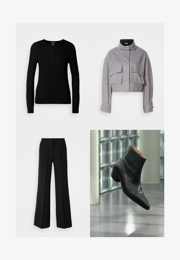 Veste grise courte avec col montant, deux poches avant à rabat avec boutons-pression, et manches longues avec détails de poignet.; Pull noir en maille fine, avec un col rond et des manches longues à poignets ajustés. Pas de motifs ou d'ornements visibles.; Pantalons noirs en tissu lisse, avec une taille haute, une coupe évasée et deux plis sur le devant pour un détail de conception supplémentaire.; Bottine en cuir noir avec un bout pointu et un talon carré lévitant au-dessus d'un sol gris réfléchissant près d'un mur en blocs de verre.
