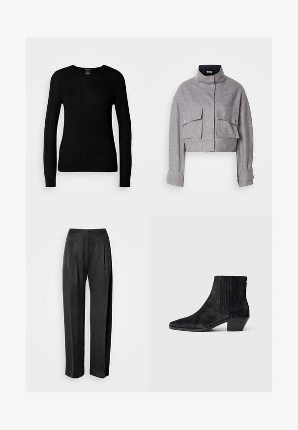 Grau verkürzte Jacke mit hohem Kragen, zwei vorderen Klappentaschen mit Druckknöpfen und langen Ärmeln mit Manschettendetails.; Schwarzer Pullover aus feinem Strickmaterial, mit rundem Halsausschnitt und langen Ärmeln mit enganliegenden Bündchen. Keine sichtbaren Muster oder Verzierungen.; Schwarze Hosen mit weitem Bein aus glattem Stoff, mit vorderen Falten, einem Reißverschluss und einem klassischen Bunddesign.; Schwarze Knöchelstiefel mit spitzem Zehen, strukturiertem haarähnlichem Material, geripptem Seitenpaneel und niedrigem Blockabsatz. Schlichtes und modernes Design.