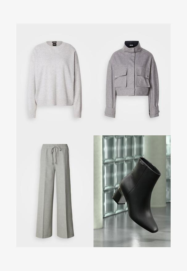 Grijze cropped jas met hoge kraag, twee voorflapzakken met drukknoopsluitingen en lange mouwen met manchetdetails.; BOSS FASCONA - Trui - light pastel grey; Lichtgrijze wijde broek met elastische tailleband en trekkoord, voorzakken en een subtiele gestructureerde stof.; Zwarte leren enkellaars met blokhak, DKNY-logo nabij de bovenkant, getoond tegen een glazen blokmuur en gepolijste betonvloer.